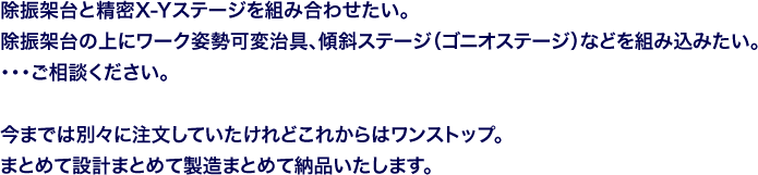 除振架台と精密X-Yステージを組み合わせたい。除振架台の上にワーク姿勢可変治具、傾斜ステージ(ゴニオステージ)などを組み込みたい。まとめて設計まとめて製造まとめて納品いたします。